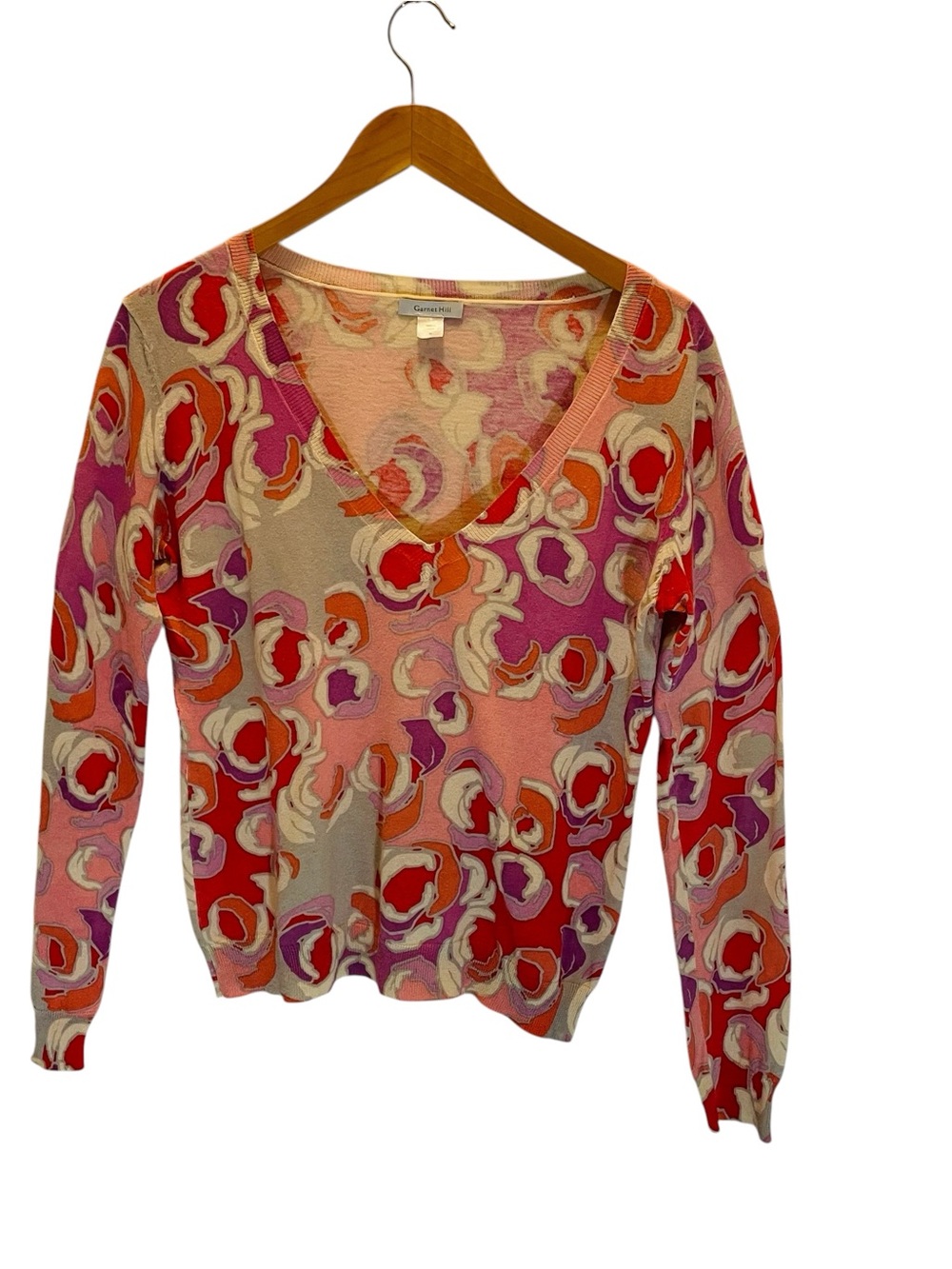 Garnet V-Neck Sweater in Soft Pink, Orange, Cream Abstract Design Size M